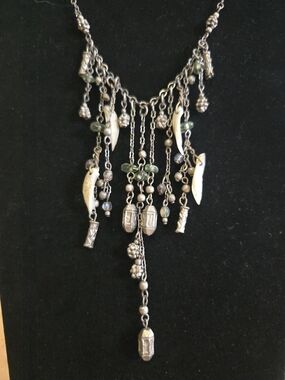 Silver-Tone Fringe Charm Necklace with Green Beads